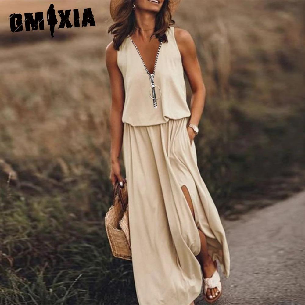 

GMXIA Літня жіноча сукня Довга без рукавів Повсякденна жіноча сукня Блискавка Принт літер Талія L мигдалевий