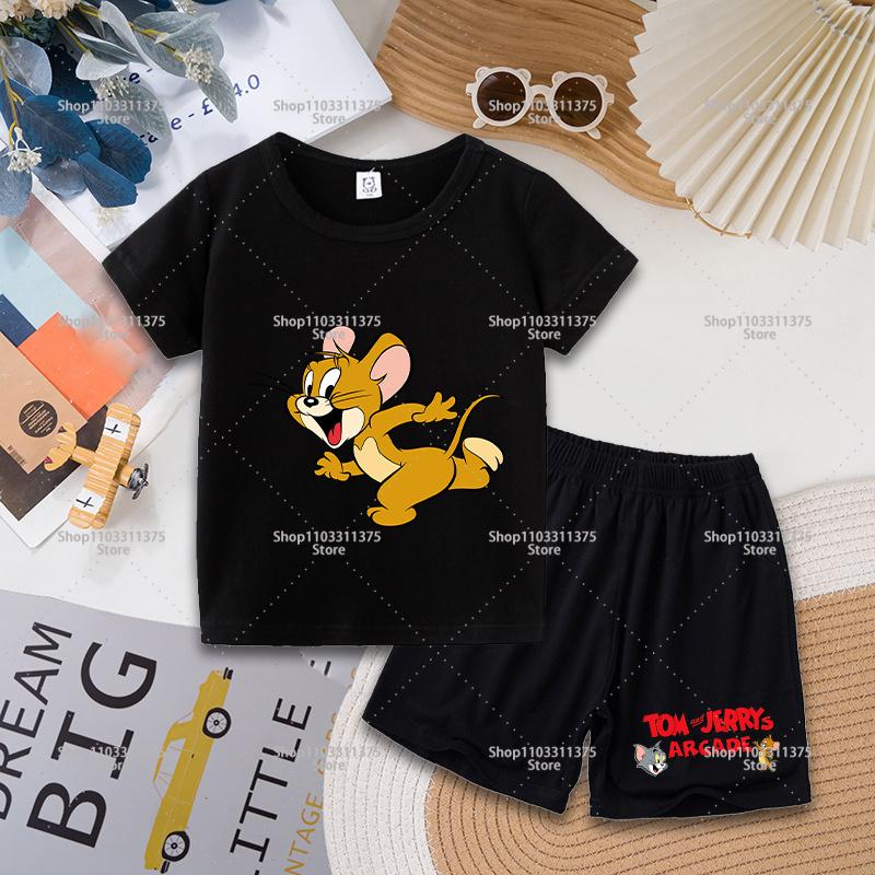 Tom and Jerry T-shirt Shorts Set Cute Cartoon Printed Casual Wear Fashion Summer Boys Girls Clothes Birthday Gift Tops Sportwear