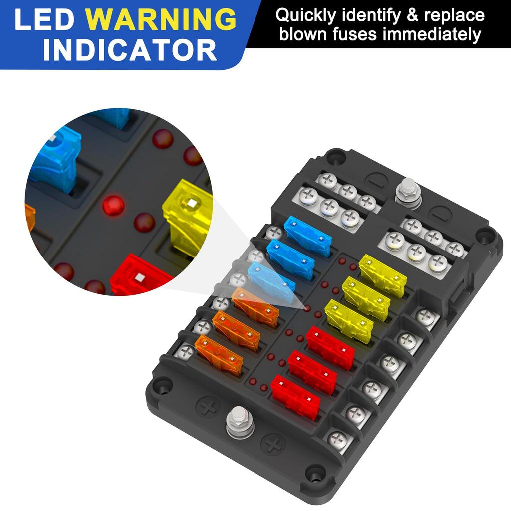 12 Way Fuse Block /24V ATO/ATC Fuse Block with 24 Fuse LED Indicator for Car, Boat, RV, Truck