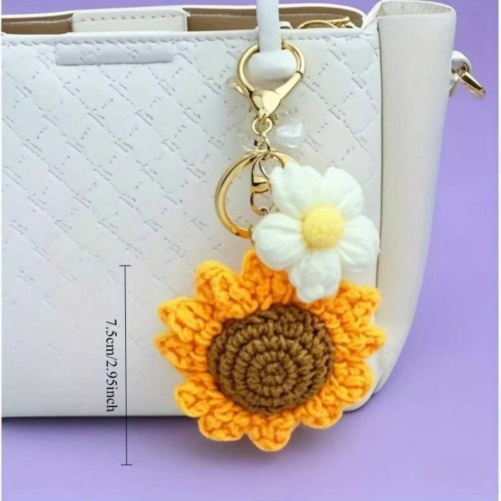 Cotton Crochet Sunflower Pendant Fabric Bag Lanyard Charm Cute Knitted Keychain Daily