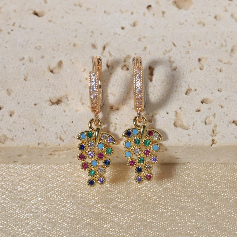 Trendy Multicolor Zirconia Grape Dangle Earrings, Golden Fruit Jewelry for Party