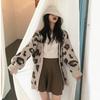 Autumn and Winter Fashion Pink V-neck Leopard Print Ladies Sweater Jacket, Loose and Thin Lazy Style Black Wool Knit Cardigan