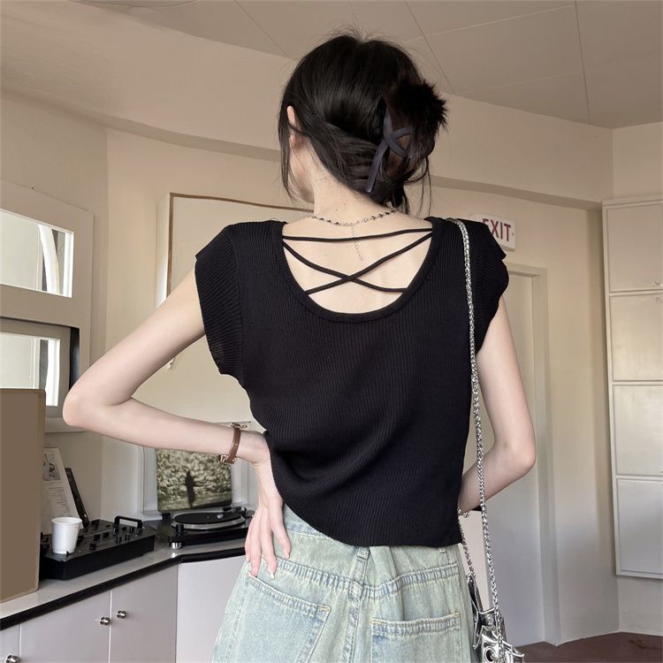 Hollow Out Short Sleeved Knitted Sweater for Women In Summer Slimming Down with Round Neck Camisole T-shirt Ice Silk Top