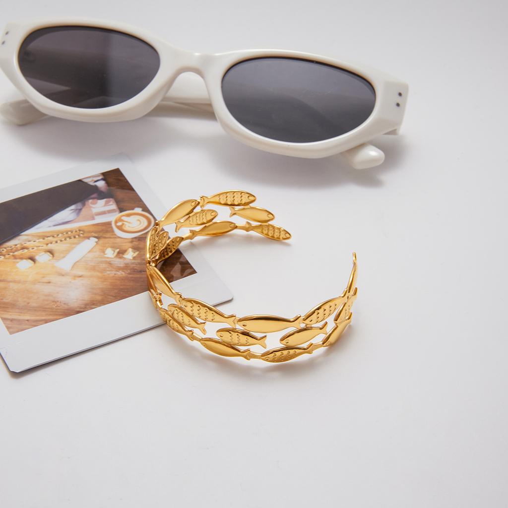 Goldenes Edelstahl Drei-Schicht-Fisch-Offen-Armreif Bangle 18K Gold PVD-beschichtet Statement Wasserdicht Handgelenkschmuck Bijoux