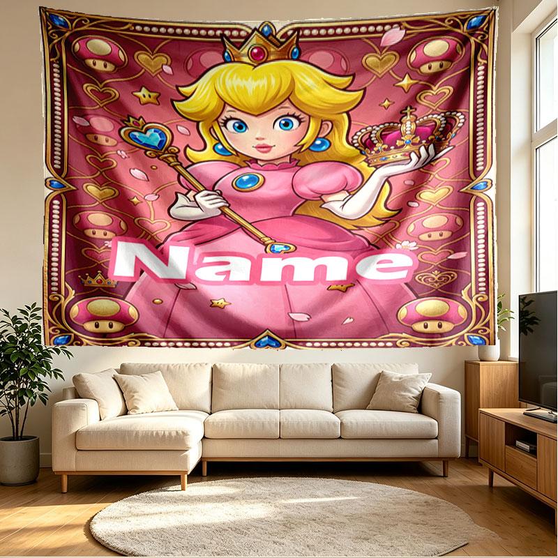 Custom Name Personalized Princess Peach Toadstool Print Tapestry, Wall Art Decor, Bedroom, Dorm, Apartment, LivingRoom, Party Backdrop, Gift for Birth