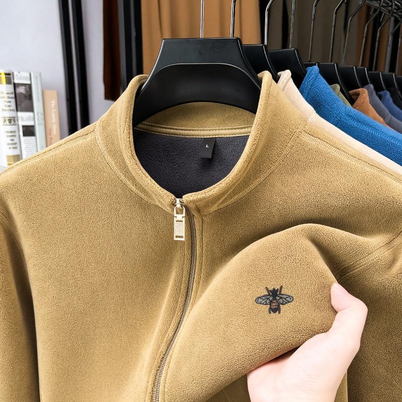 Men's Stand Up Collar Zipper Sweatshirt Winter Plush Thickened Bee Print Coat Fashion Casual Men'swear Top