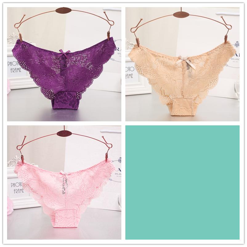 3pcs/lot Women's Sexy Hollow Lace Low Waist Triangle Panties Ruffle Edge Bow Underpants