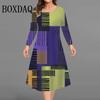 Womens Plus Size Geometry Striped Print Dresses Autumn Casual Long Sleeve A-Line Dresses Oversized Loose Female Clothing