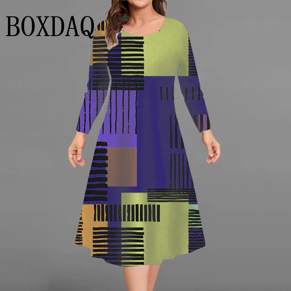Womens Plus Size Geometry Striped Print Dresses Autumn Casual Long Sleeve A-Line Dresses Oversized Loose Female Clothing