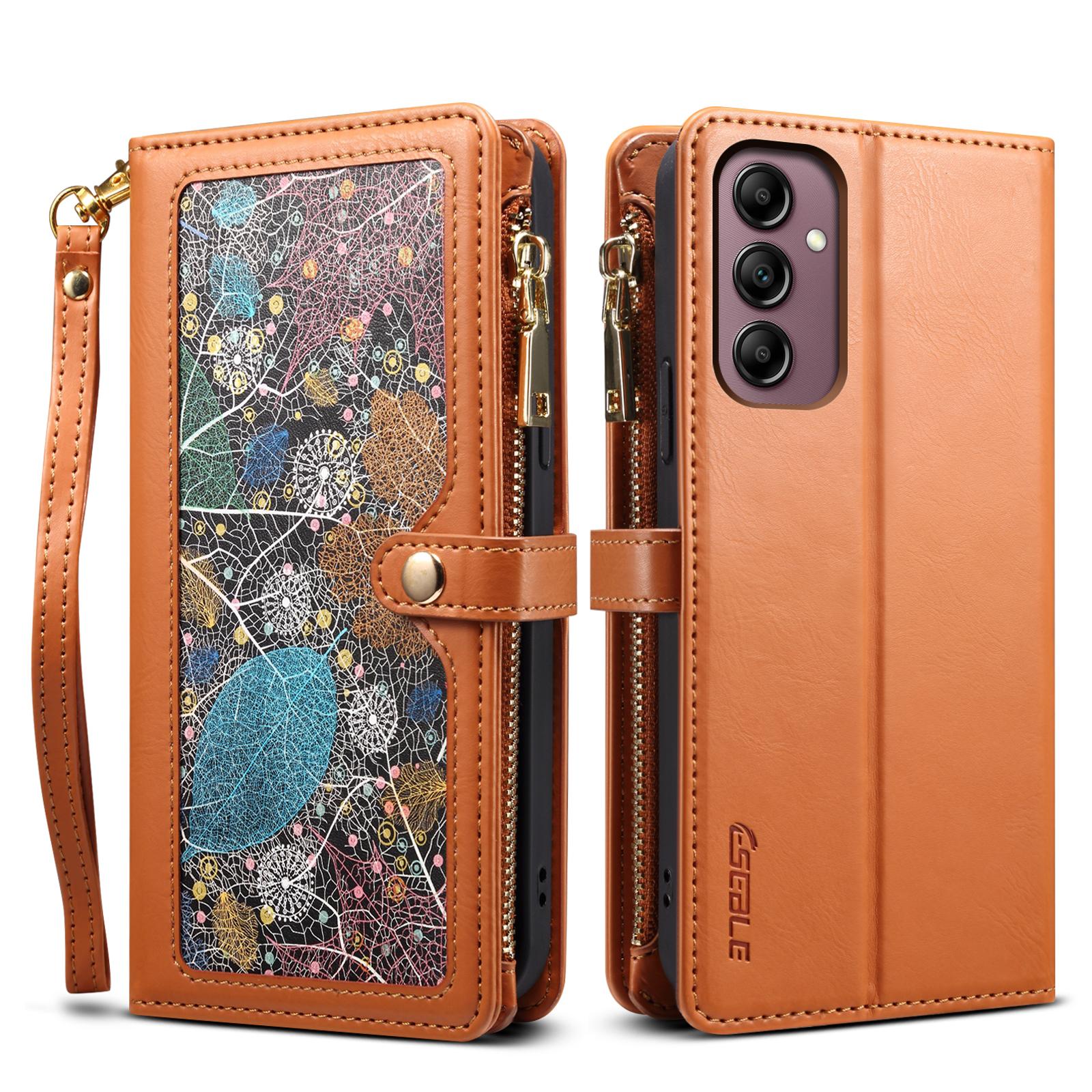 

ESEBLE Galaxy Series For Samsung Galaxy S25 FE Case RFID Blocking Leather Zipper Phone Cover with Shoulder Strap+Wrist Strap Brown