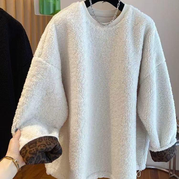 High-End Lazy Style Round Neck Sweatshirt - Imitation Lamb's Wool, Solid Color, Thickened for Autumn/Winter, 2025 Collection.