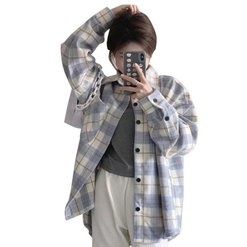 1116 New Plaid Shirt Women's French Long-sleeved Top Design Sense Niche Lazy Jacket Shirt Spring and Autumn