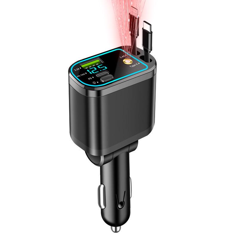 Five-in-One Car Charger with Digital Display and Retractable Cable, PD Fast Charging, and Cigarette Lighter Adapter