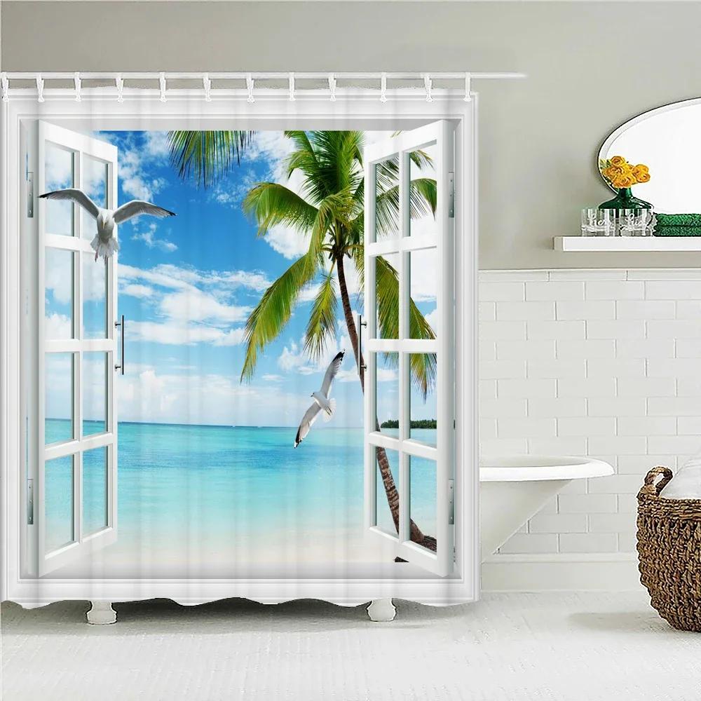 Sunny Beach Seaside Scenery 3D Printing Shower Curtain Large Size Waterproof Polyester Home Decor Curtain With Hooks