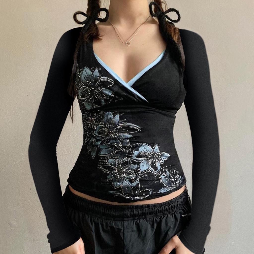 Y2K Spicy Girl V-neck Floral Long Sleeve Slim Fit Waist Cinched Retro Top