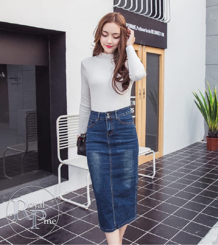 Royal Pine Stretch Denim Skirt with Midi Length and Back Slit Women's High-Waisted (L, Navy)