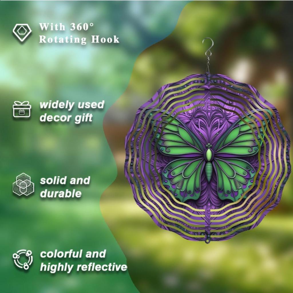 Vibrant 10 Inch Mandala Wind Chime with Swirling Butterflies Purple Green Metal Garden Decor Outdoor Art Gift for Family Friends