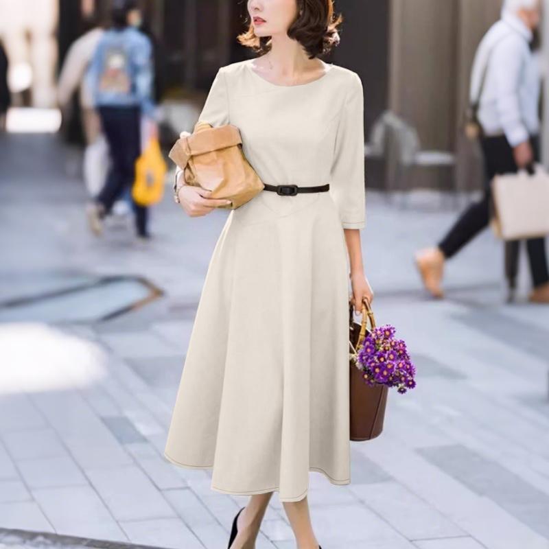 ZANZEA Abito casual da donna a maniche 3/4 e girocollo a tinta unita