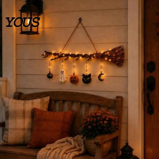 Lighted Autumn Broom Hanging Halloween Witch Wall Decor with LED Light, Thanksgiving Fall Front Door Cute Ghost Star Moon Sign Pumpkin Cat,