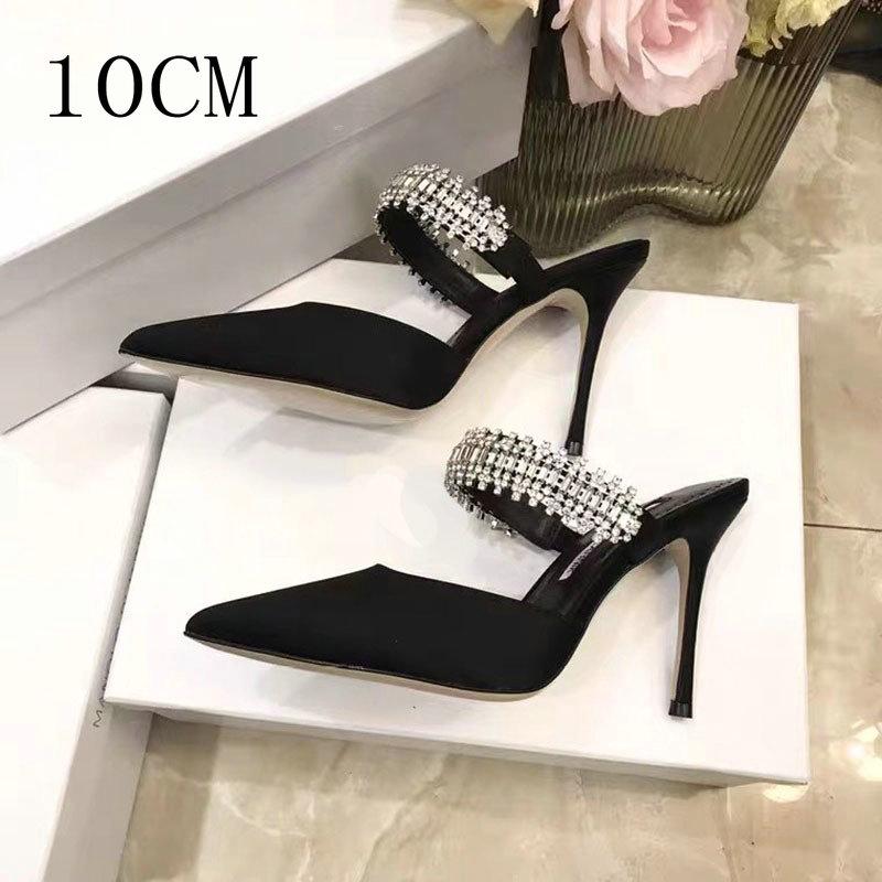 Pointy Pinheel Rhine-Diamond Chain Satin Top High Heels Mullers Pinheel Green Wedding Shoes Flat Bridesmaid Shoes