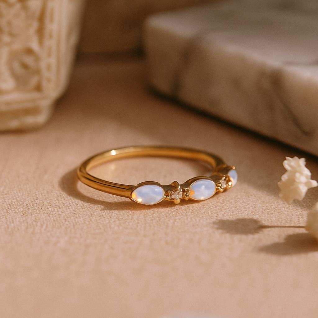 Opal Marquise Band Ring, Yellow Gold Plated 925 Sterling Silver, Dainty Stacking Bridal Jewelry, Anniversary Gift for Her