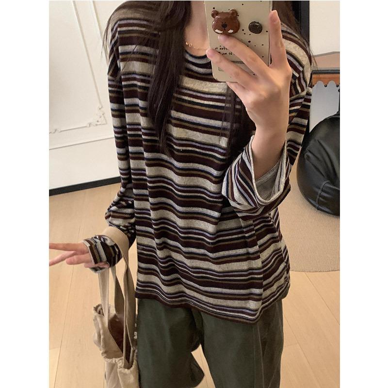 Women S Loose Striped Long Sleeve Crew Neck T Shirt Vintage Casual Top