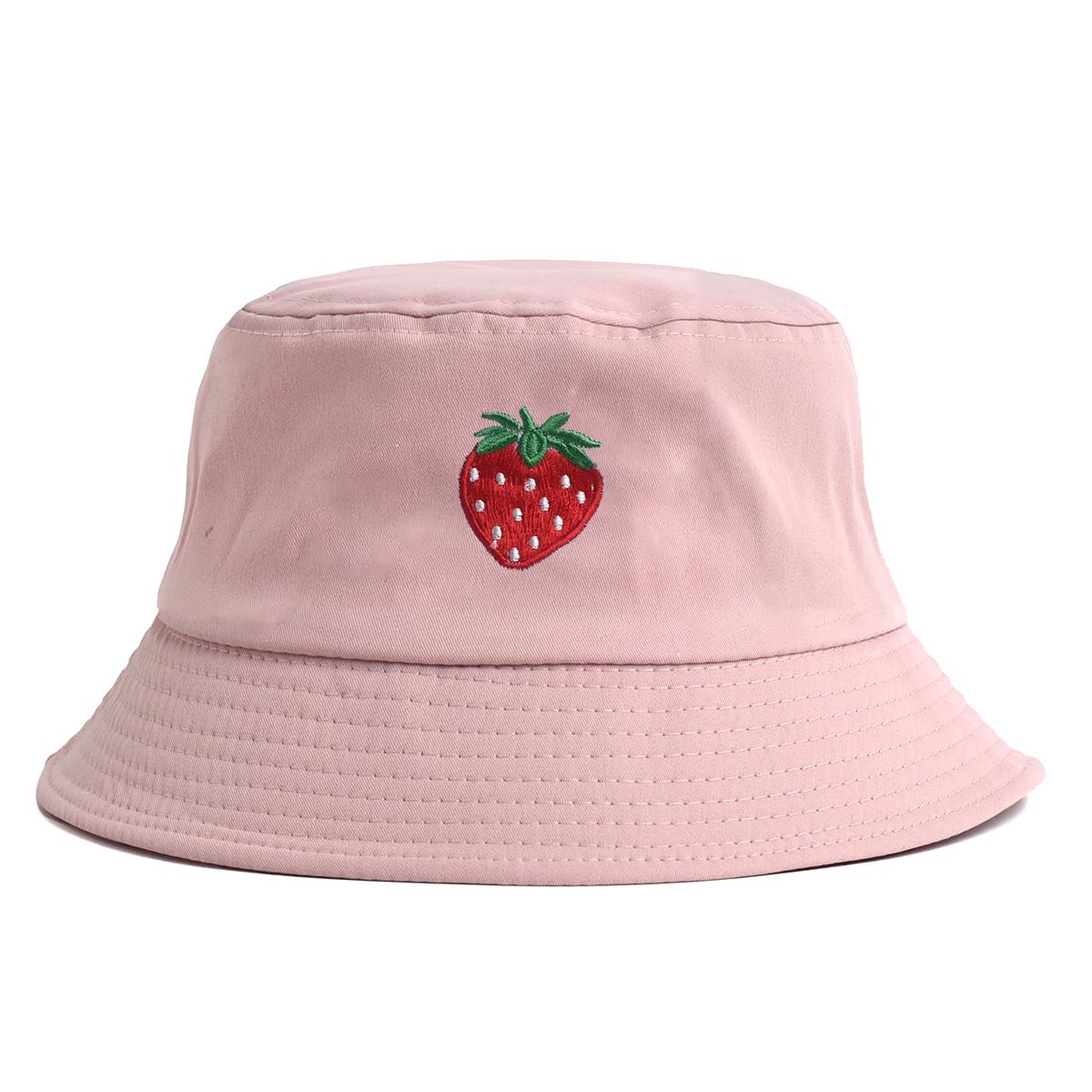 Chapeau de pêcheur fraise brodé pour femme, été, polyvalent, amincissant pour le visage, protection solaire, chapeau bob tendance rose