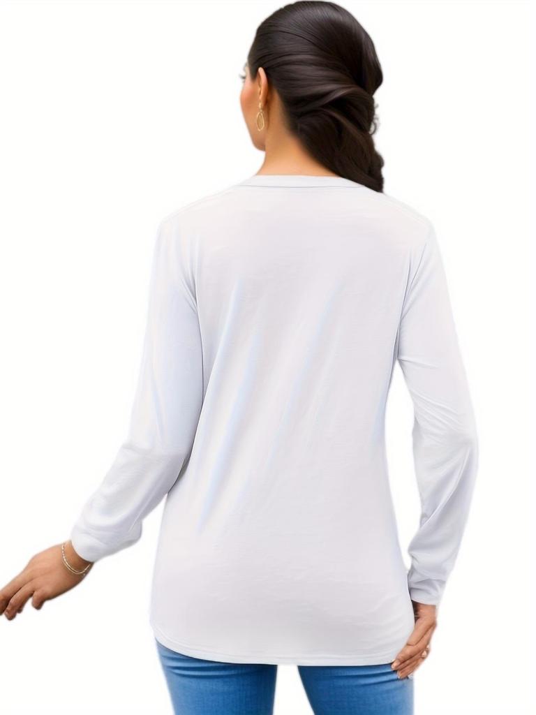 European & American Women's Autumn Ruched V-neck Ruffle Long Sleeve Loose T-shirt
