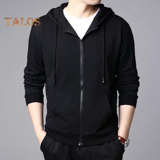 Spring Auutmn Men Coat Hooded Drawstring Zipper Closure Solid Color Elastic Cuffs Loose Sport Coat Thick Plush Outerwear for Various Occasions