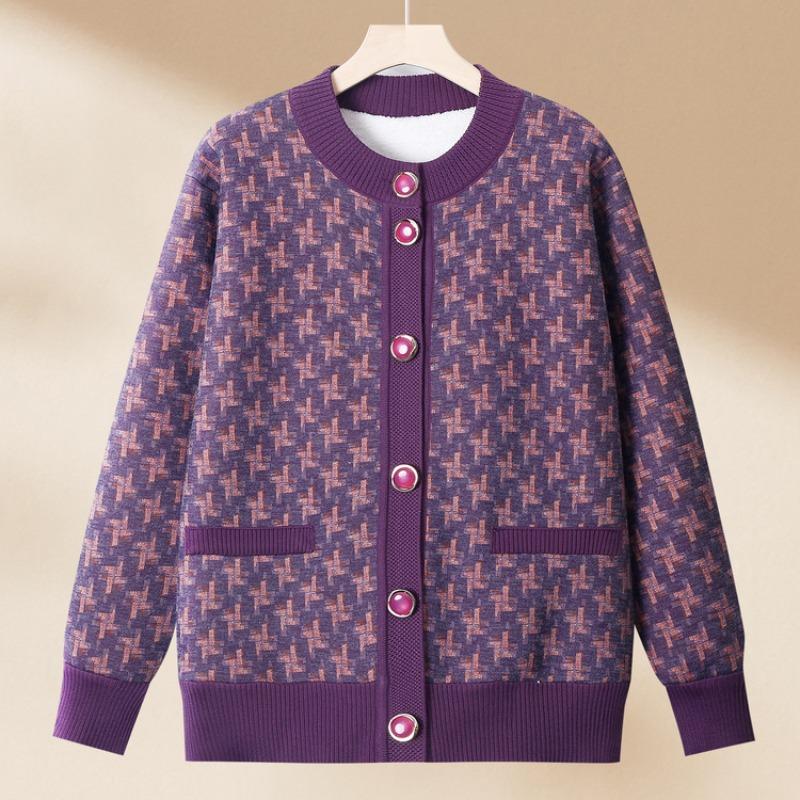 Mom Winter Knitted Sweater Medium and Old Women's Cardigan Winter Top Elderly Grandma Pocket Casual Sweater