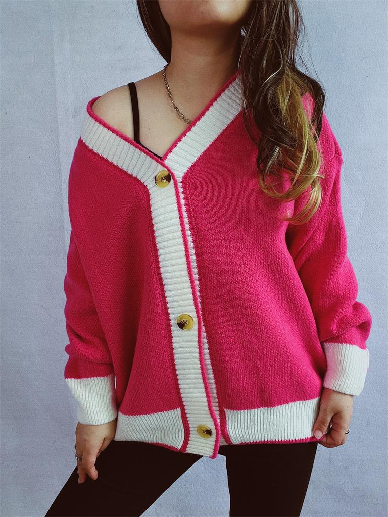 New Autumn and Winter Contrasting Cardigan Sweater, Street Style Loose Knit Sweater 3566 EMA