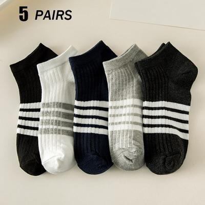 5 pares de meias casuais masculinas de poliéster de corte baixo e tubo curto, meias listradas da moda para primavera e verão
