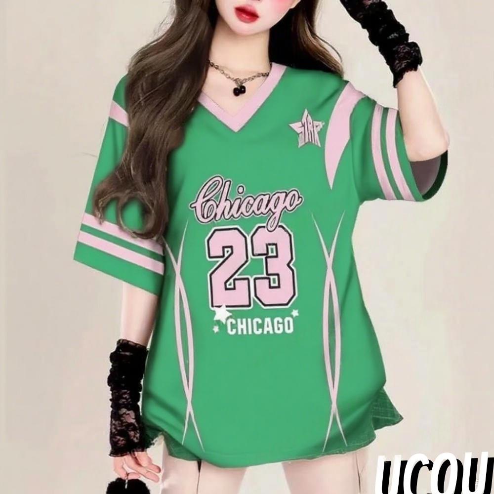 

Женская летняя футболка с принтом и V-образным вырезом, короткий рукав, бейсбольная куртка, повседневный топ, свободная женская одежда XXS