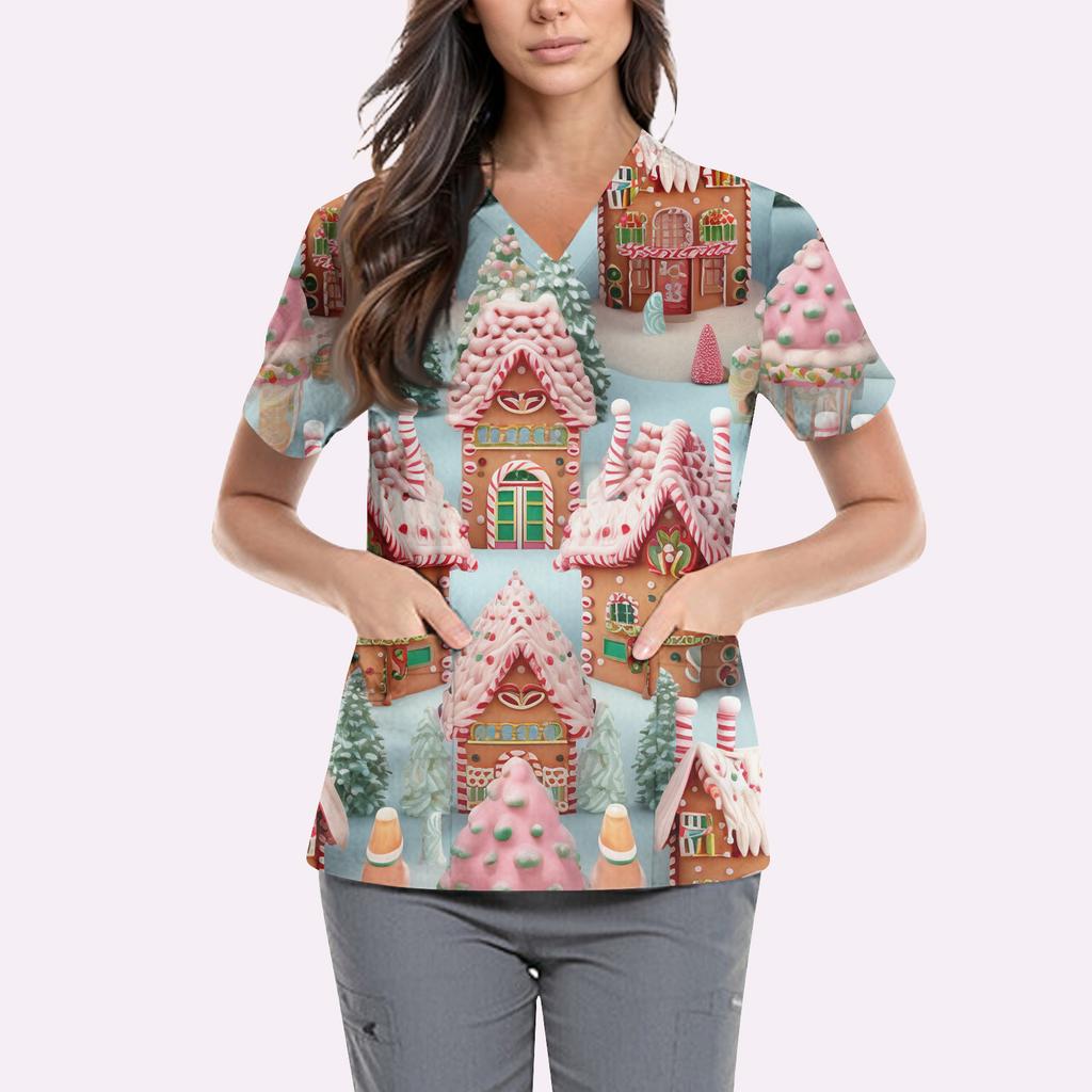 Women's Cute Printed Work Clothes V-neck Double Layer Pockets Basic Short Sleeve Top Pullover Valentines