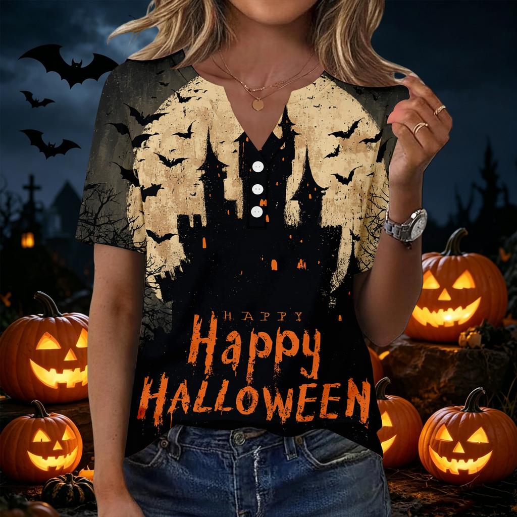 Women Casual V Neck Short Sleeve Button T Shirt Halloween Print Top Lightweight Comfortable Fit
