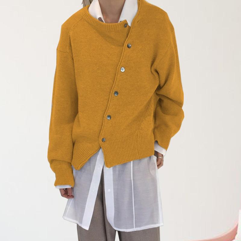 Autumn Oblique Buckle Irregular Design Lazy Wind Sweater Plus Size Cardigan Round Neck Knitted Jacket