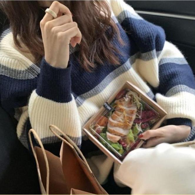 Contrast Striped Sweater Women's Spring and Autumn Korean Version Retro Loose Languid Style Thick Knit Top