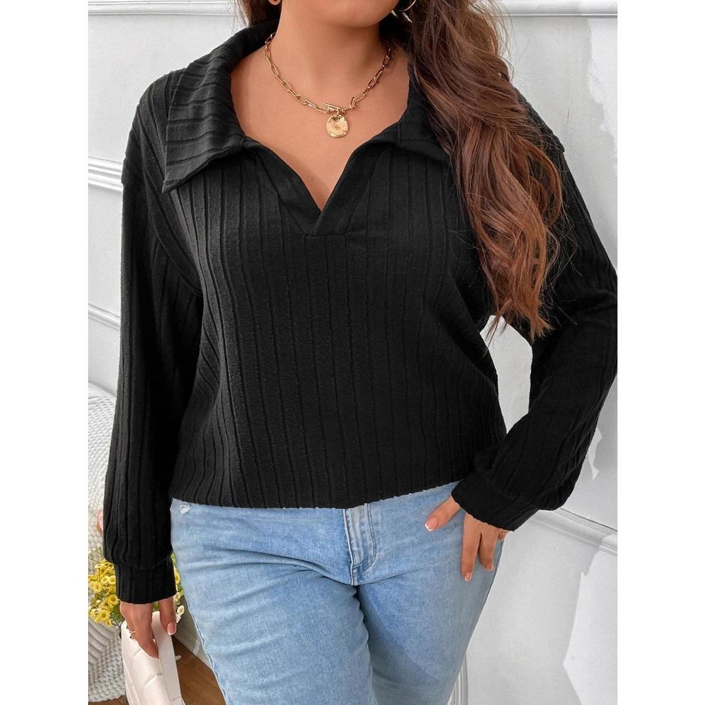 Autumn and Winter Solid Color Plus Size Women's Top V-neck Long Sleeved Pit Stripe Brushed T-shirt Loose Fitting Shirt
