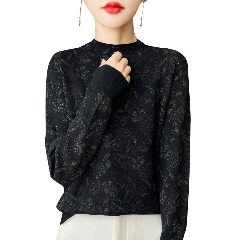 Autumn Women's Knitted Half High Neck Jacquard Bottom Shirt