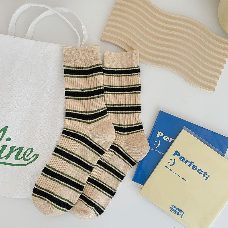 Socks Season Casual Stripes Fresh And Sweet Cotton Socks Trendy Simple Mid-Tube Stacking Socks