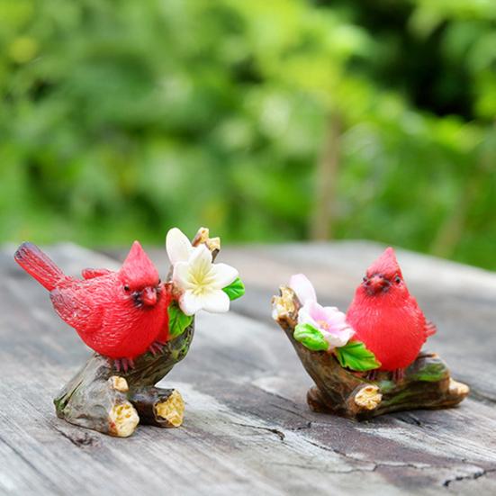 Red Bird Figurine Resin Miniature Red Bird Ornament Decorative Red Birds Perched On Branch Statue for Desktop Moss Micro-Landscape Garden Fence