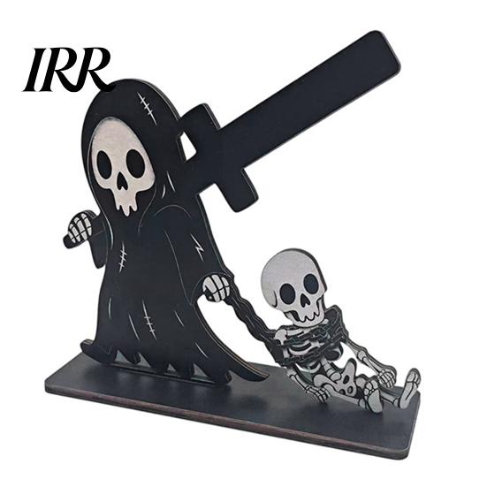 Festive Table Decor Halloween Sign, Spooky Ghost Grim Reaper Black Cat Pumpkin Scarecrow Realistic Patterns Wooden Tabletop Centerpiece for