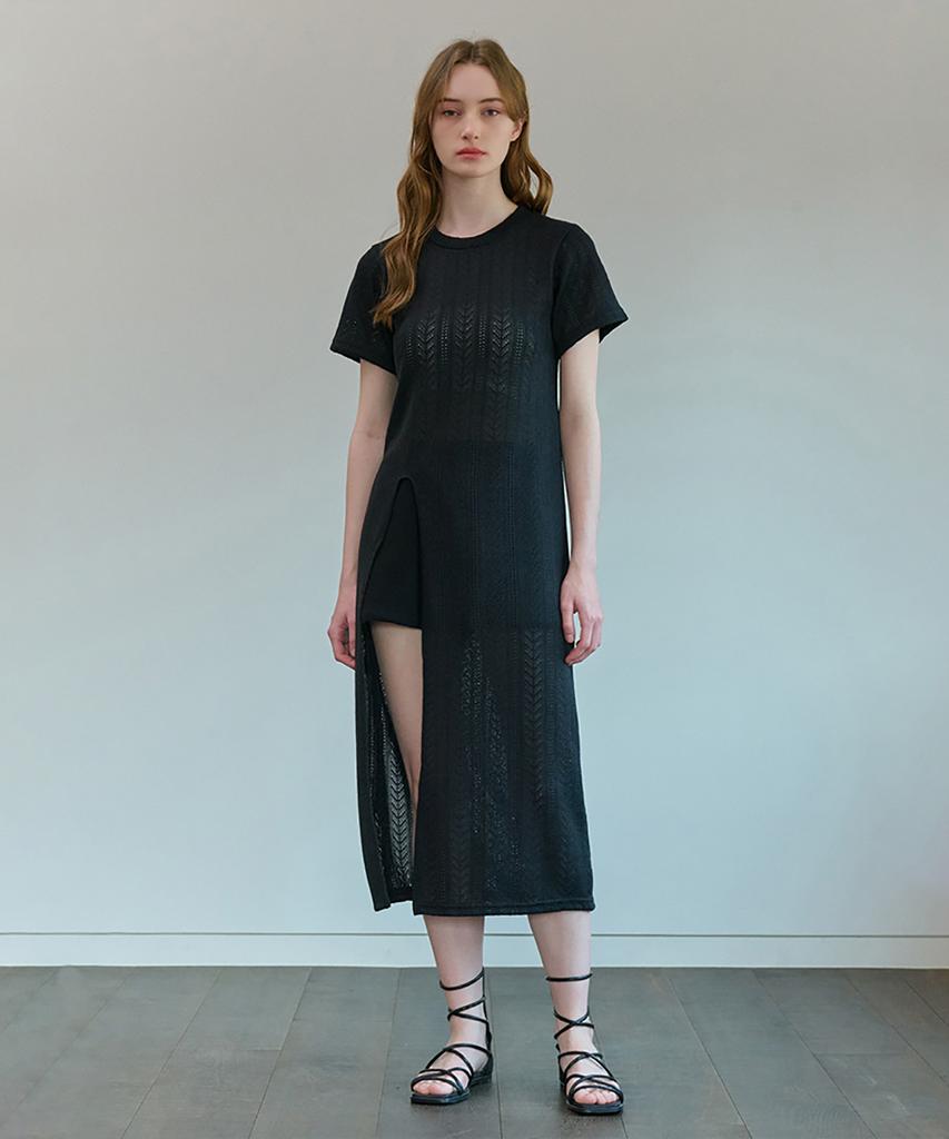 Kamino Slit Summer Lace Long Knit Dress Black