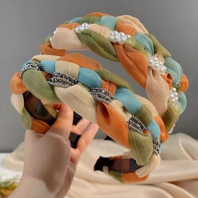 Serre-tête Rétro Doux Pour Femmes Filles Torsadé Tricoté Bandeau Coloré Tissé Perle Large Accessoire de Cheveux