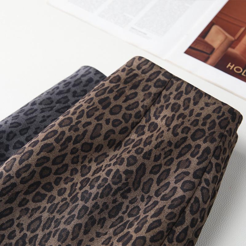 2024 Women's Gray Leopard Woolen Midi Skirt - Autumn/Winter Style, Straight Bodycon with Slit