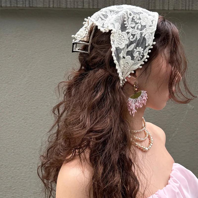 Summer White Woven Floral Lace Hair Scarf Wraps Women Retro Triangle Headscarf Hat Travel Photo Headband Hair Accessories