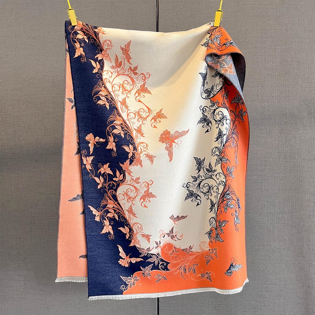 Autumn and winter new contrasting color butterfly printing scarf three-color splicing retro pattern design warm and fashionable outer shawl