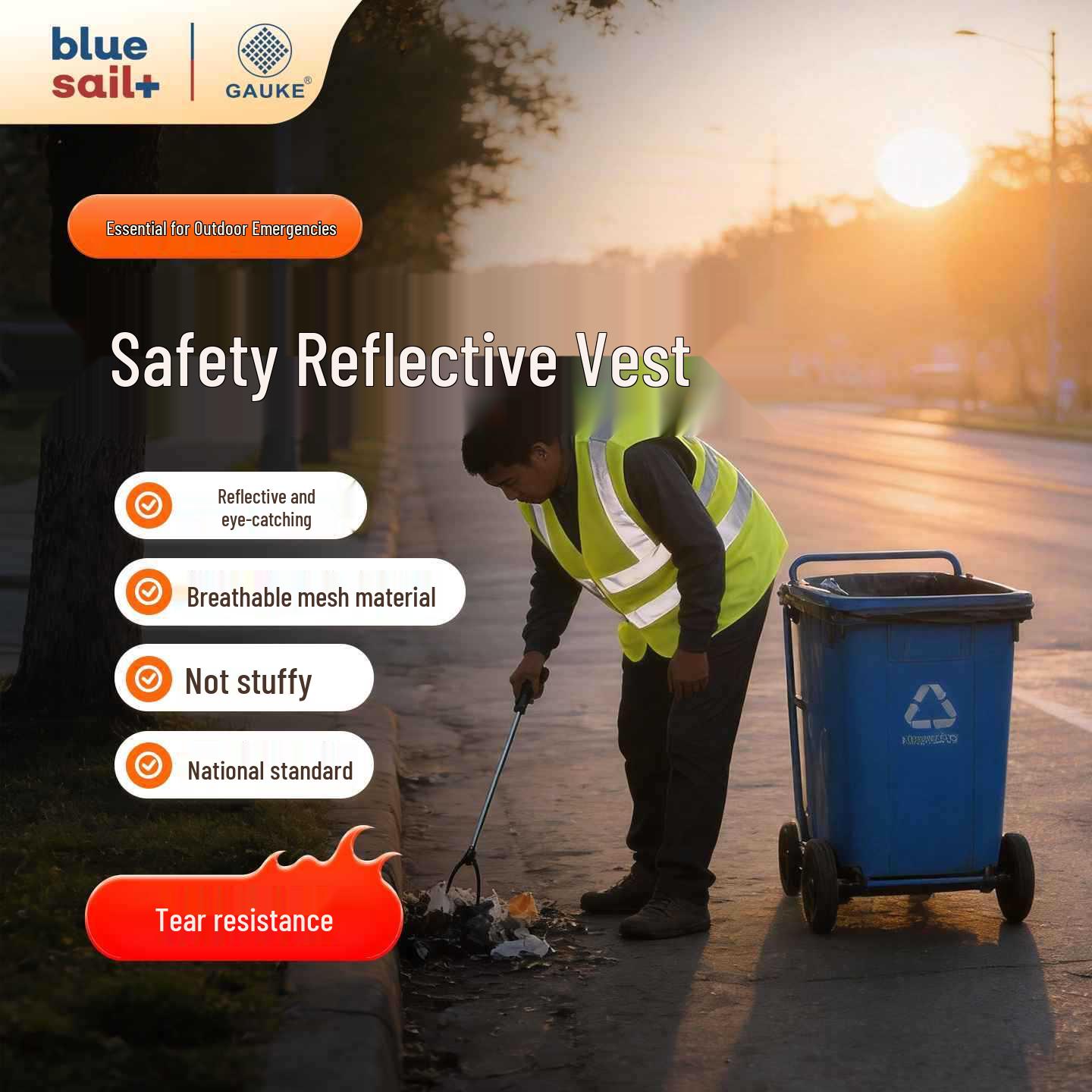 Blue Sail Medical High-Visibility Reflective Safety Vest for Garbage Collectors & Outdoor Volunteers - Breathable, Bright, and Visible.