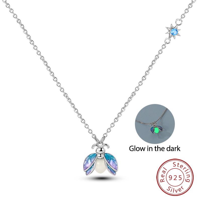 925 Silver Luminous Firefly Heart Shaped Zircon Pendant Necklace For Women Fashion Anniversary Birthday Jewelry Gifts