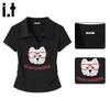 :CHOCOOLATEit Women's Polo Collar Slim Fit Printed Short Sleeve T-Shirt